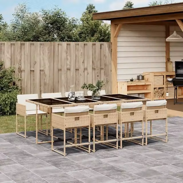 Set da Pranzo da Giardino 9 pz con Cuscini Beige in Polyrattan 3211282