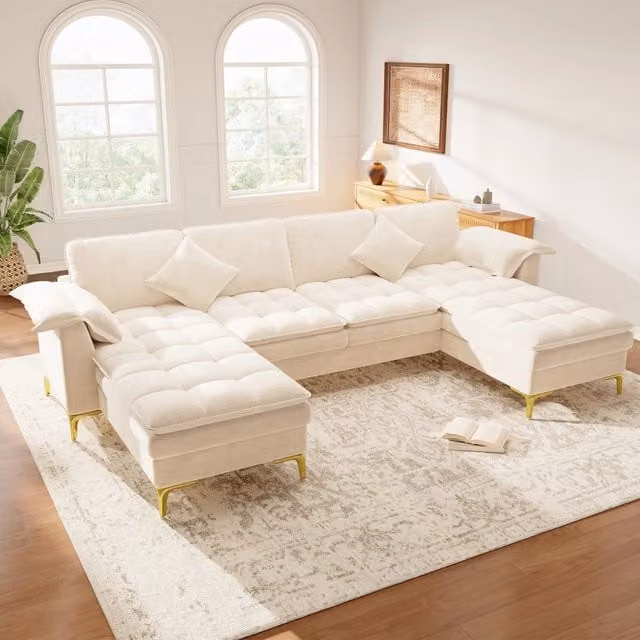 Divano angolare a U 262x134x86 cm 4-5 posti con 2 chaise longue in ciniglia beige