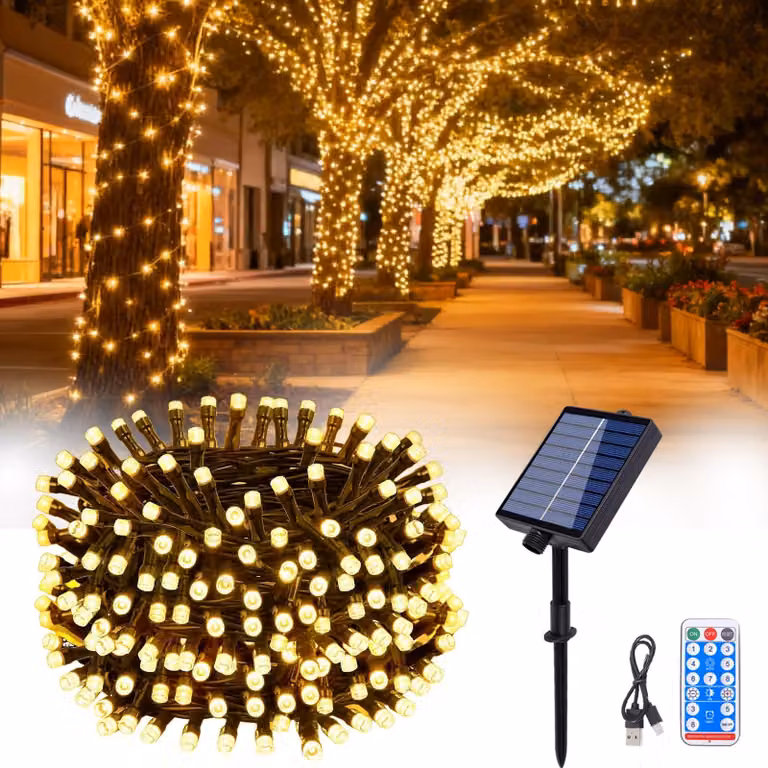 Catena luminosa solare, 10 metri, 100 LED, luce bianca calda, 8 modalità, timer