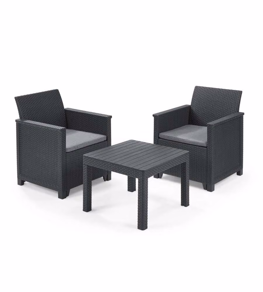 Set da balcone e giardino Keter Emma con 2 poltrone e tavolino in effetto rattan colore antracite – 1