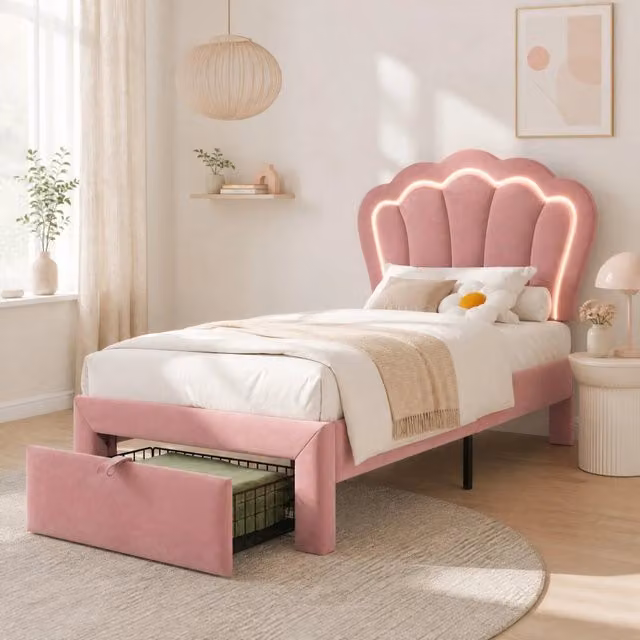 Letto singolo 90x190 cm in velluto rosa con testiera regolabile; LED RGB e cassetto
