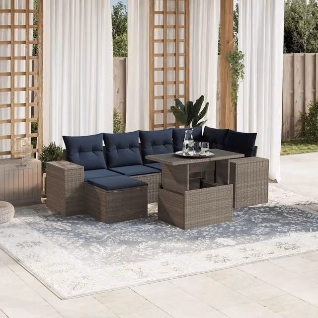Set Divani da Giardino 7 pz con Cuscini Grigio in Polyrattan 3269311