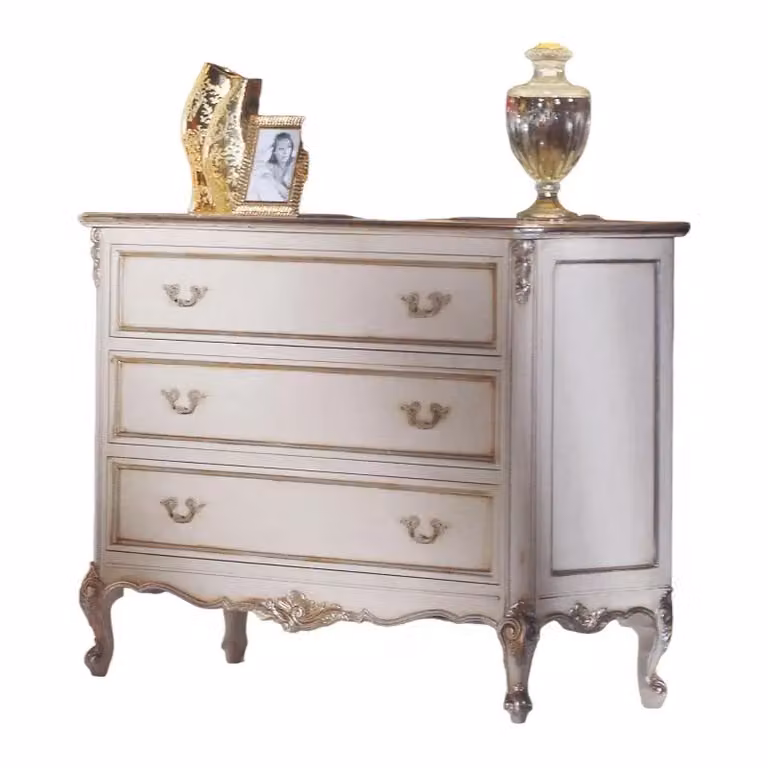 Cassettiera classica in legno stile shabby chic bianco e argento Mobili 2G L: 130 cm, P: 62 cm, H: 107 cm