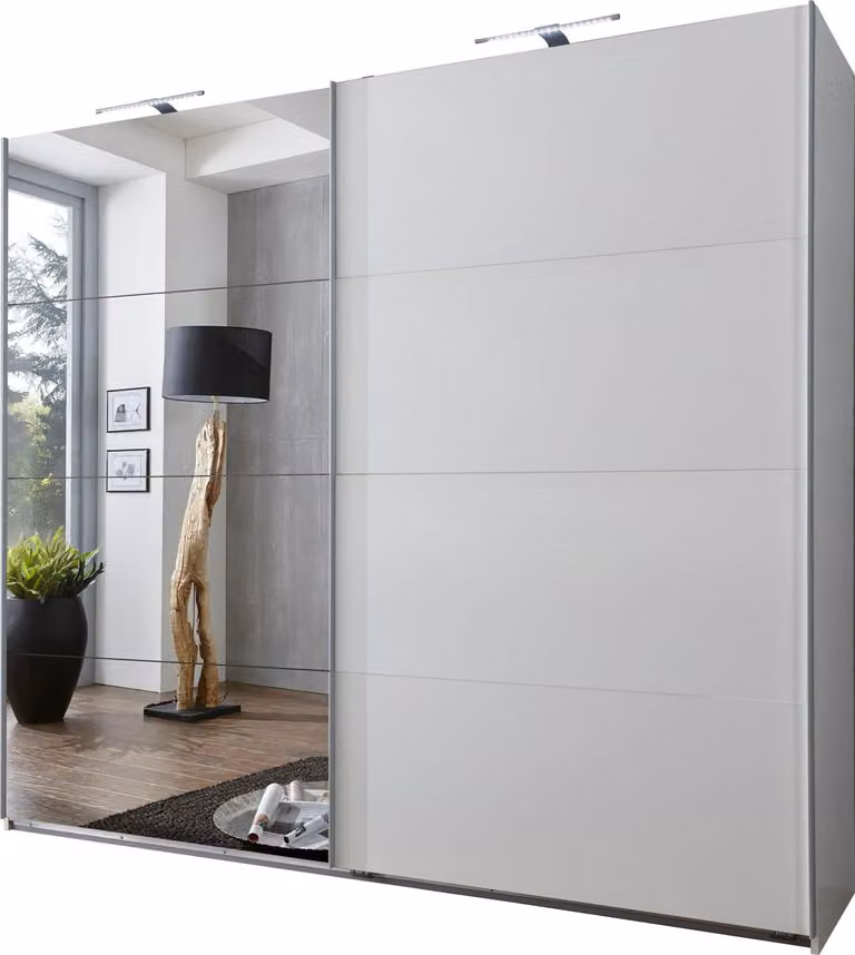 Armadio Ernie con ante scorrevoli e specchio, bianco, 225x65x210cm