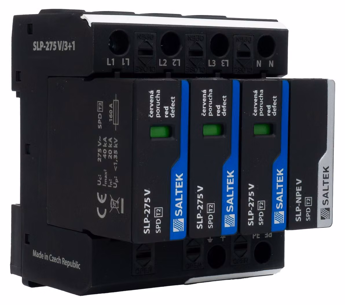 Dispositivo di protezione contro le sovratensioni di tipo 2, 40kA, SLP-275 V/3+1 fino a 255V DC, varistore montabile su guida DIN per applicazioni a bassa tensione