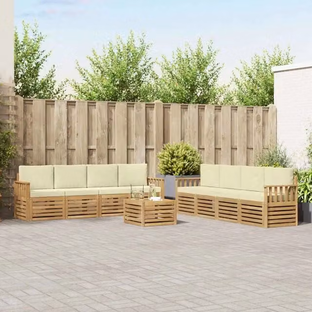 Set di divani da esterno vidaXL a forma di L composto da 9 pezzi con tavolino da giardino, in legno di acacia trattato e tessuto bianco e beige – 1