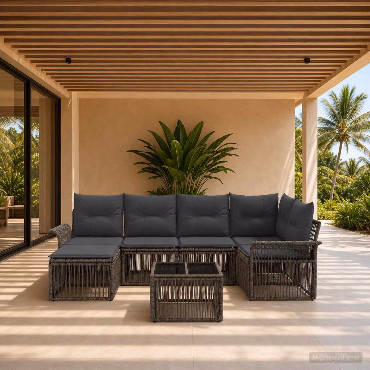 Set Divano da Giardino vidaXL 7 pz Grigio con Poltrona, Tavolino e Elementi Angolari in Polyrattan e Metallo