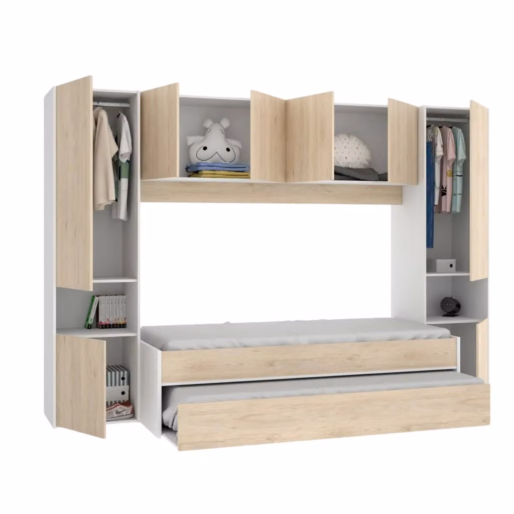 Composizione cameretta per bambini Giustizia DMORA con letto, lettino singolo estraibile, armadio a ponte e cassettone, Rovere e Bianco, L: 303 cm, H: 203 cm, P: 97 cm – 2