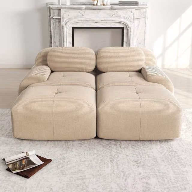 Divano 2 Posti in Tessuto a Coste con Chaise Longue ¨C MINIMAL ¨C Beige, Braccioli Ergonomici, Modulare