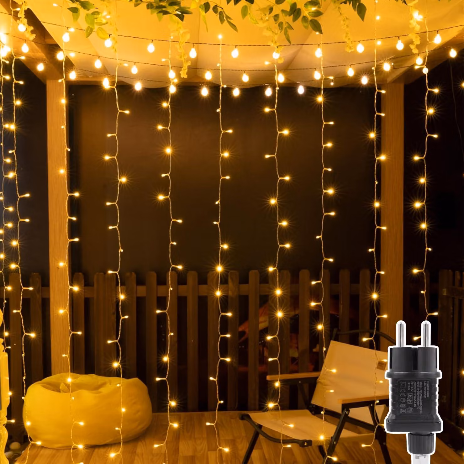 Tenda luminosa a LED, dimensioni 3x2 metri, 200 lampadine, luce bianco caldo, grado di protezione IP44, 8 modalità
