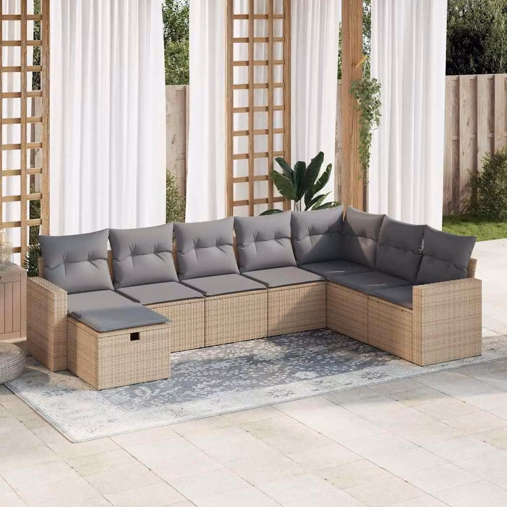 Set Divano da Giardino a L vidaXL 8 pz con Cuscini Beige e Struttura in Metallo e Polyrattan