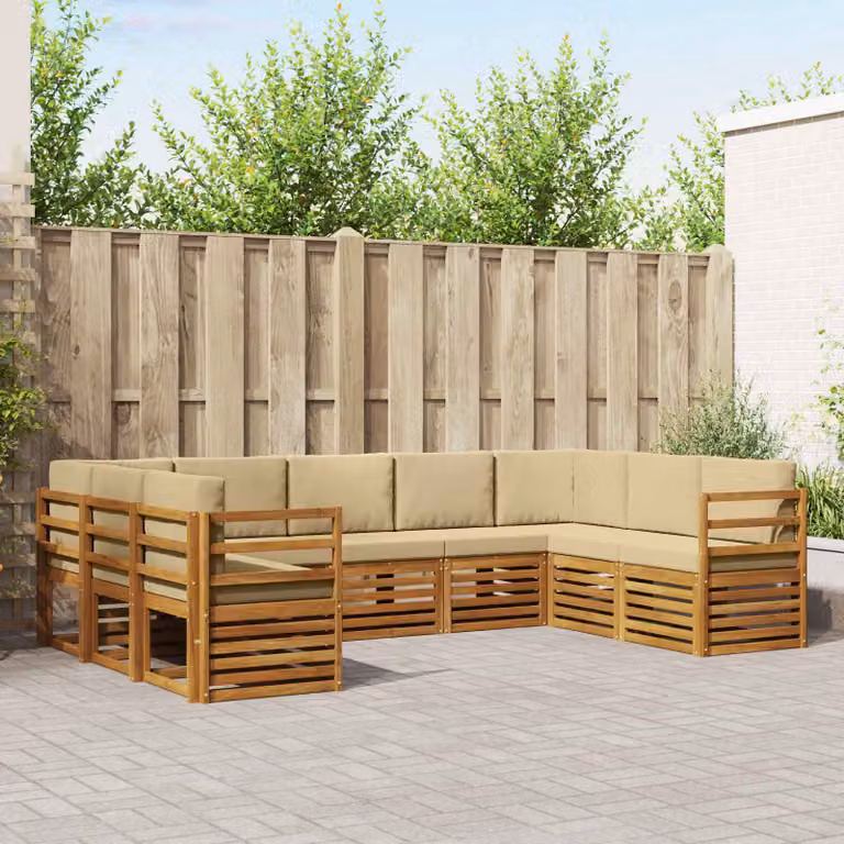Set di divani da esterno a L vidaXL in legno di acacia con cuscini, 9 pezzi, Beige e Marrone