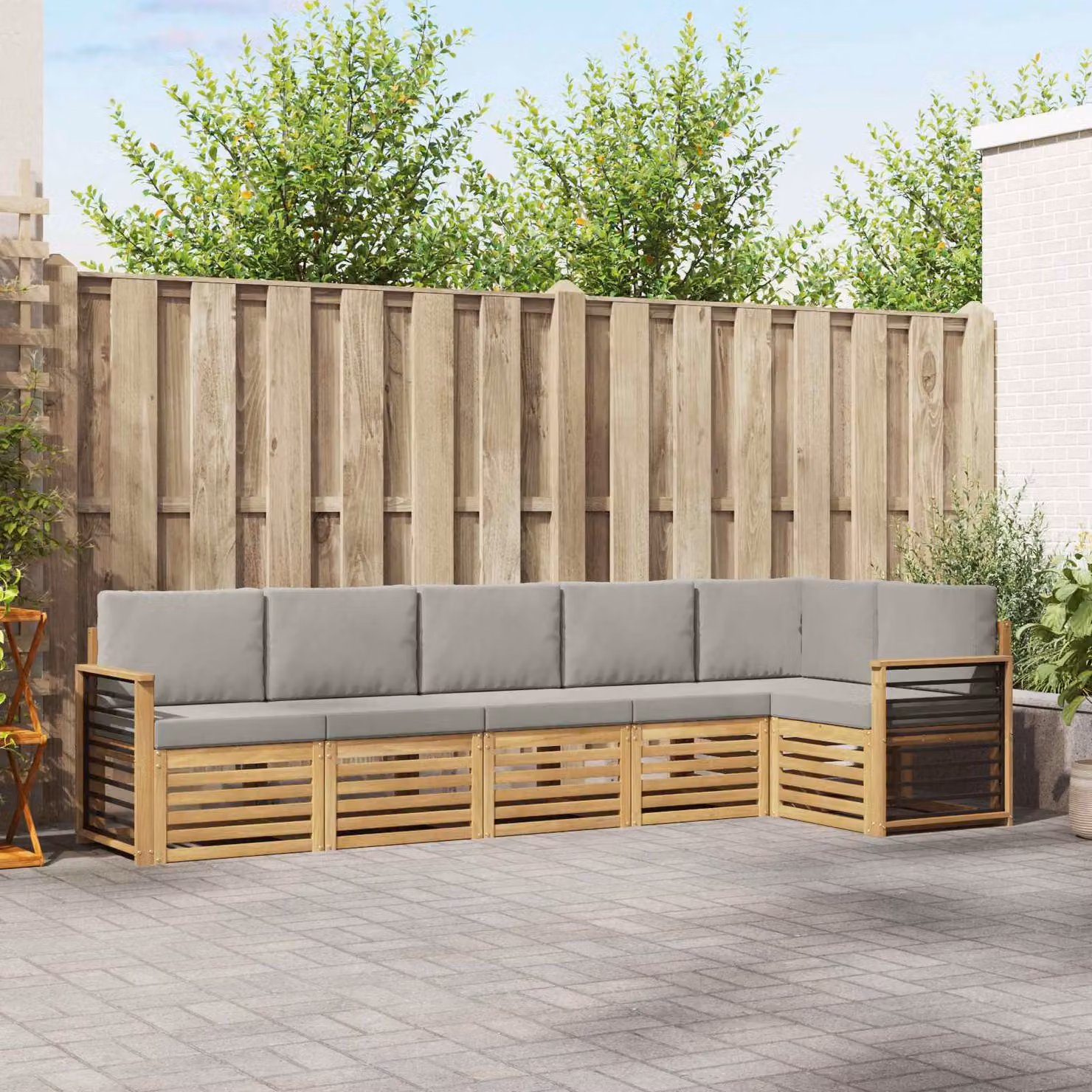 vidaXL Set di divani da esterno a forma di L composto da 6 pezzi in legno di acacia, Bianco e Grigio
