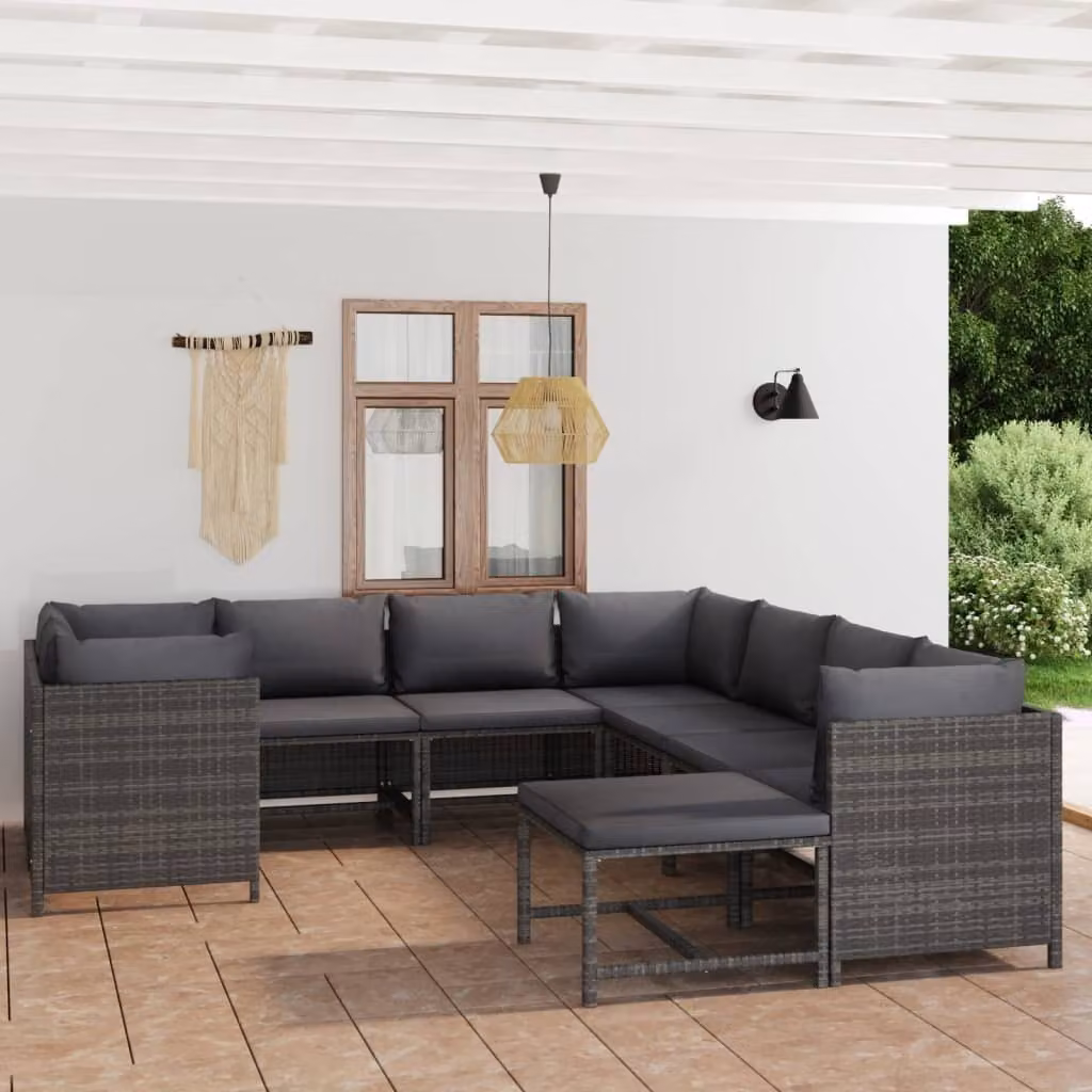 The Living Store Set da giardino 9 pezzi con cuscini in poly rattan grigio