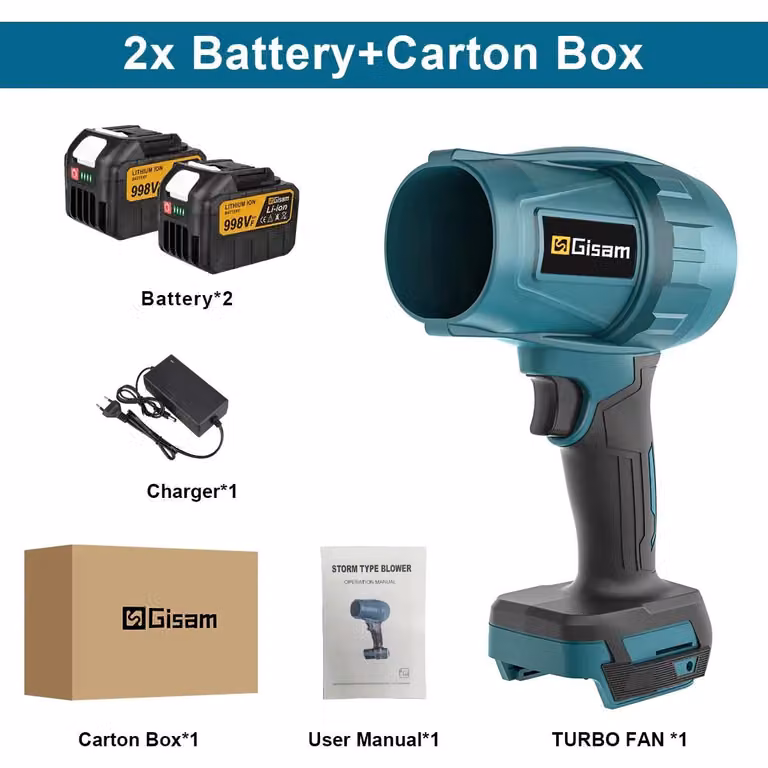 Ventilatore turbo elettrico - Ventilatore a batteria da 18V - Motore brushless - 1200W di potenza - Asciugatore per auto e soffiante per polvere - Set con 2 batterie da 4,5Ah