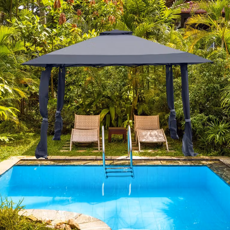 Costway Gazebo a baldacchino per cortile e patio in tessuto Oxford con tetto a 2 livelli e altezze regolabili, Grigio, 4x4 m