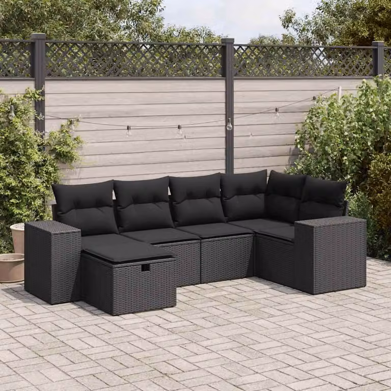 Set Divano da Giardino a L vidaXL in Polyrattan Nero con Cuscini e Ottoman, 6 Pezzi