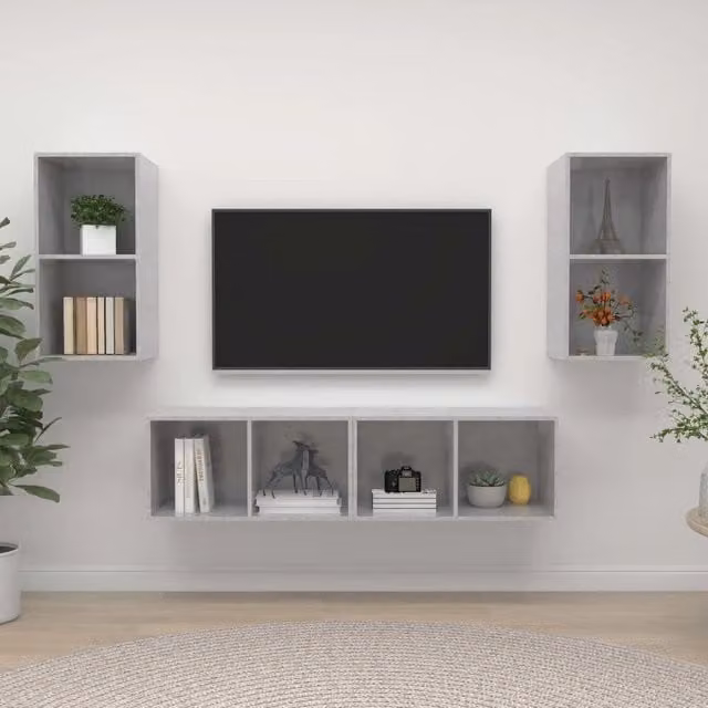 Mobile TV da parete vidaXL in legno multistrato, set di 4 pezzi, grigio cemento, stile moderno – 1