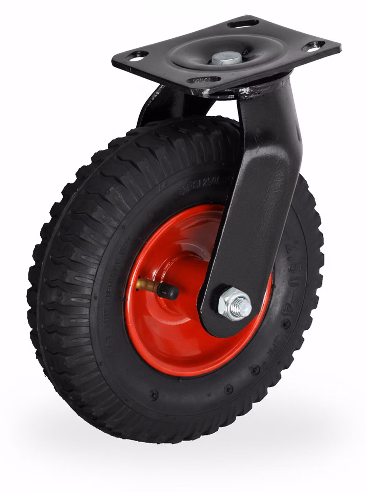 Ruota orientabile Relaxdays, con pneumatico, 2,50-4, ruota da trasporto per carichi pesanti, piastra in acciaio da avvitare, fino a 120 kg, nero/rosso