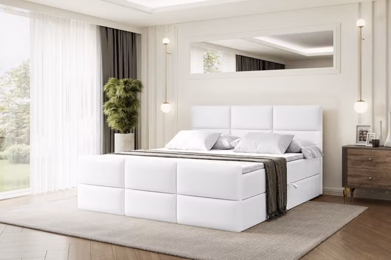 Letto boxspring ALTDECOR con pediera, materasso H4 e topper - 200x200 cm - OHIO-Z - Pelle finta bianca - Letto imbottito con contenitore e rete a doghe, letto con spazio contenitivo