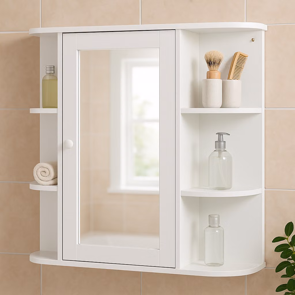AIORBER armadietto a specchio per bagno, per montaggio a parete, con 8 scomparti, maniglia a pomello, superficie di appoggio aperta, design semplice, per bagno, 66x17x63cm, bianco