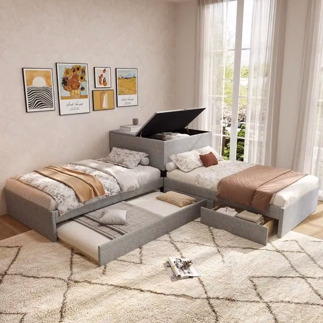 Letto d'angolo imbottito 90 x 200 cm in lino con due letti singoli e letto estraibile, armadio e cassetto contenitore - Grigio