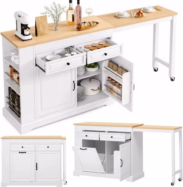 Isola Cucina Mobile con Ruote 112-180x45x92 cm; Piano Estensibile; Vano Pattumiera; 2 Cassetti e Portaspezie; Bianco
