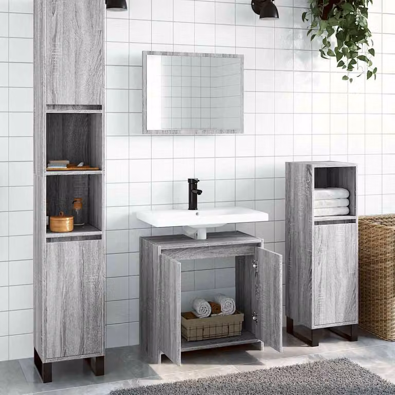 Set di mobili da bagno vidaXL composto da mobile lavabo e armadietto con specchio, colore grigio, in legno multistrato, montaggio a parete