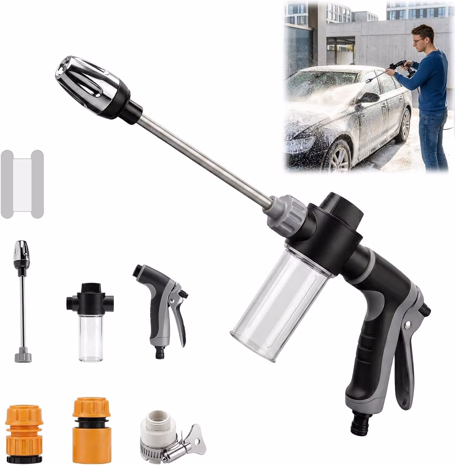 Pistola per irrigazione ad alta pressione, pistola per la pulizia dell'auto con schiuma, nebulizzatore di schiuma, attrezzo per l'irrigazione del giardino con 3 raccordi rapidi (grigio)