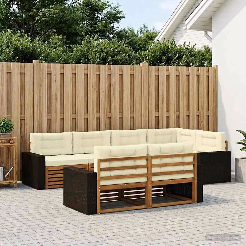 Set di divani da esterno vidaXL a forma di L composto da 7 pezzi in legno di acacia con cuscini in tessuto beige e bianco