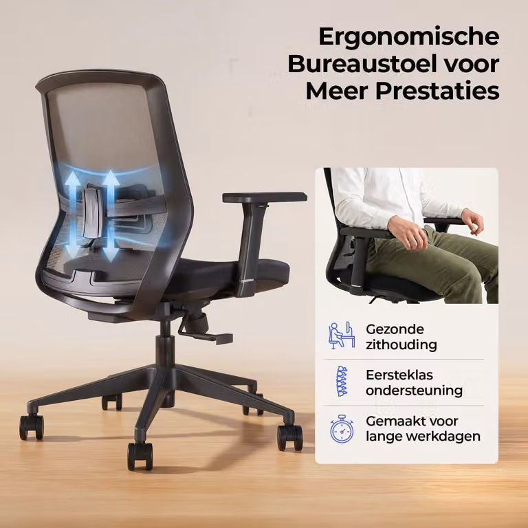 Sedia da ufficio ergonomica, colore nero, con schienale in rete e braccioli regolabili in 3 dimensioni