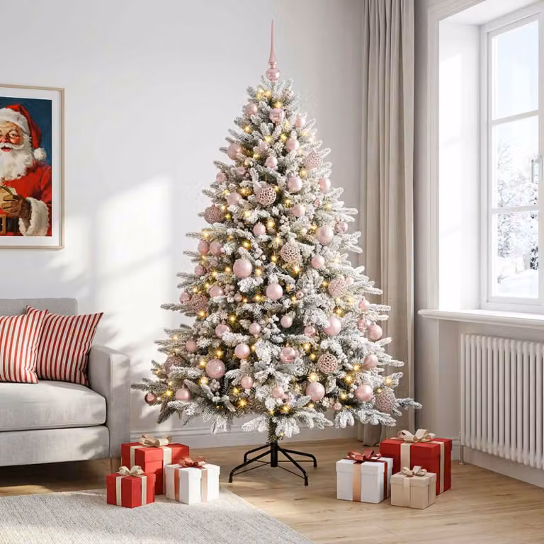 Albero di Natale artificiale vidaXL verde con palline bianche e 300 LED luce bianca calda, Altezza: 180 cm