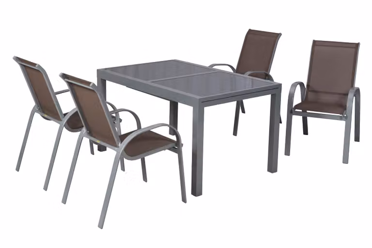 Set di mobili da giardino Merxx Amalfi taupe 5 pezzi, 4 poltrone impilabili, 1 tavolo allungabile 160 (220) x 90 cm - alluminio/tessuto