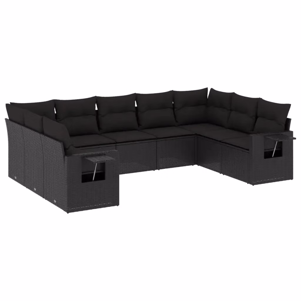 vidaXL Set Divani da Giardino 9 pz a Forma a U in Polyrattan Nero con Cuscini e Tavolino – 2