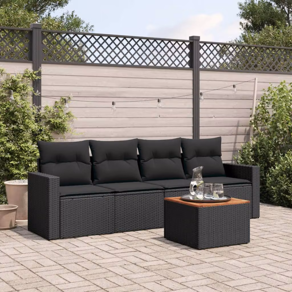 Set Divani da Giardino vidaXL 5 Pezzi in Polyrattan Nero con Cuscini e Tavolino da Esterno – 1