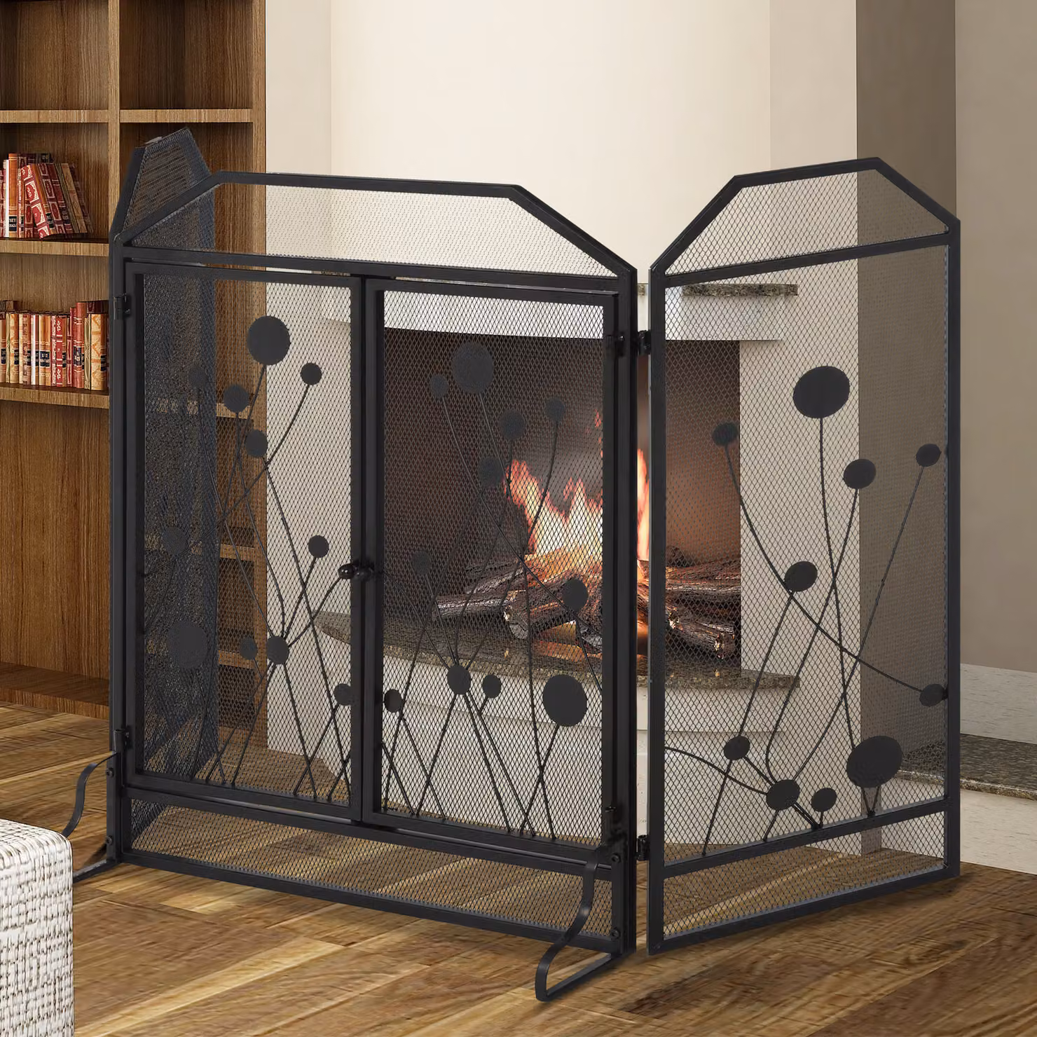 Parascintille per camino HOMCOM pieghevole con tre pannelli incernierati e due porte con chiusura magnetica in acciaio e metallo, nero, L: 125 cm, H: 80 cm – 2
