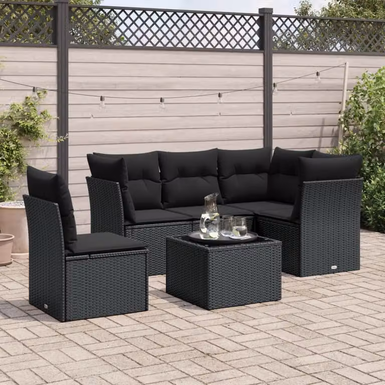 Set Divano da Giardino vidaXL 6 pz in Polyrattan Nero con Cuscini e Tavolino da Esterno