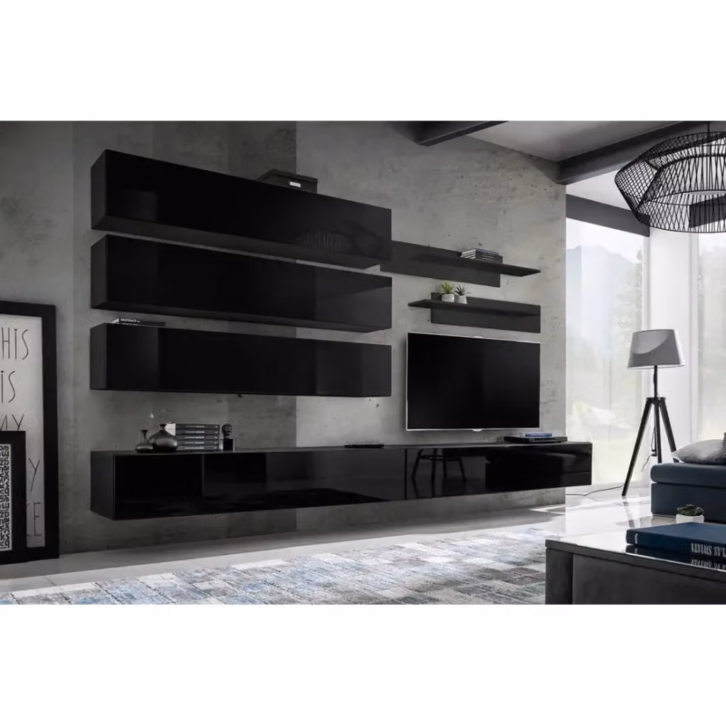 Set di mobili sospesi moderni Meublorama collezione FLY J1 nero lucido per soggiorno – 2