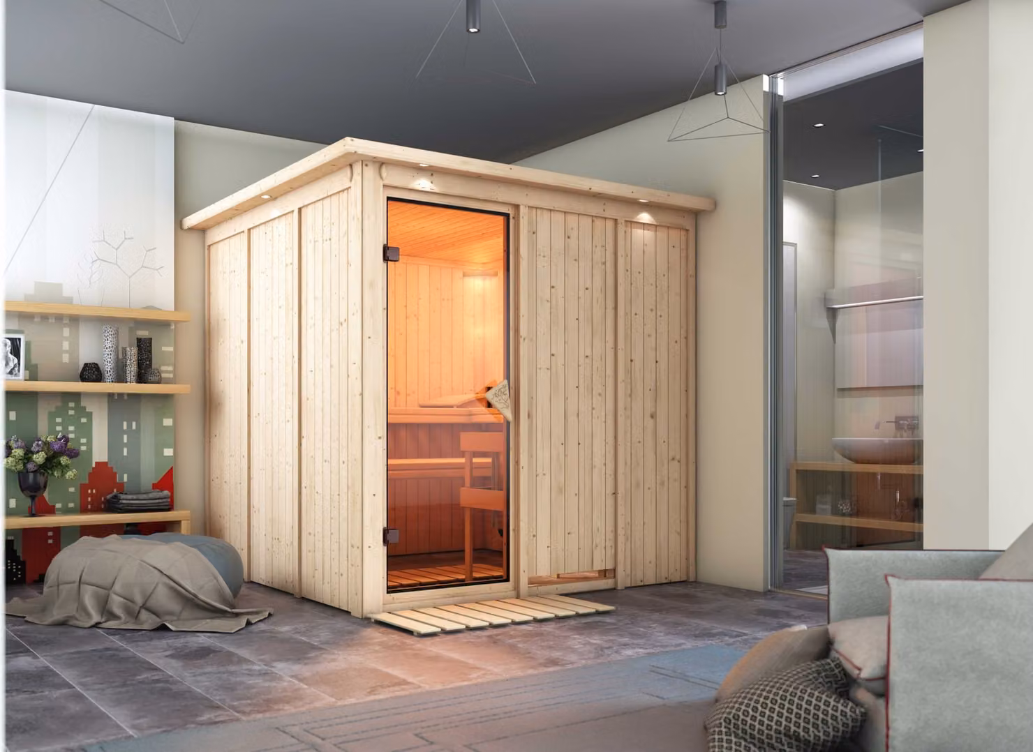 Sauna Karibu Rodin (ingresso anteriore), porta tutto vetro, bronzata, riscaldatore 9 kW centralina integrata