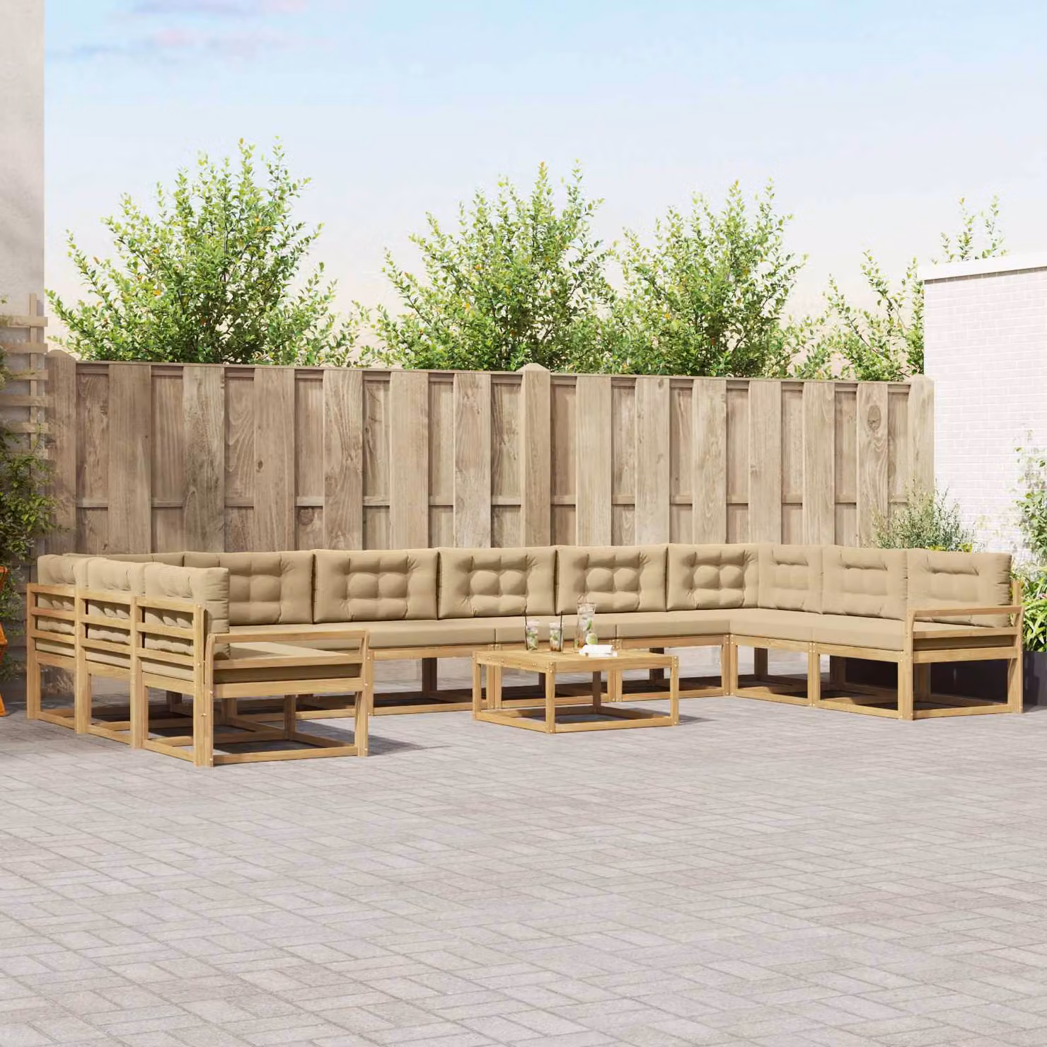 vidaXL Set di divani da esterno a forma di U composto da 11 pezzi in legno di acacia con cuscini, colori bianco, beige e marrone