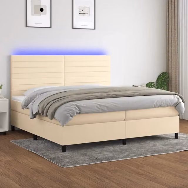 Letto moderno vidaXL con materasso a molle, illuminazione LED sottostante e porta USB, rivestito in tessuto beige e legno, L 200 x P 200 x H 31 cm – 1