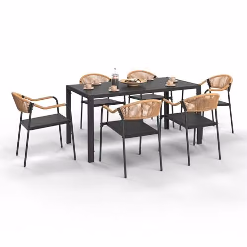 IDMarket - Set di mobili da Giardino Madeira Tavolo 150 cm e 6 sedie in Corda e textilene Nero e Rattan Chiaro
