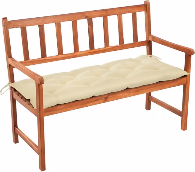 Panchina da giardino in legno massello di acacia con cuscino beige e marrone per patio e terrazzo L: 120 cm, P: 54 cm, H: 90 cm