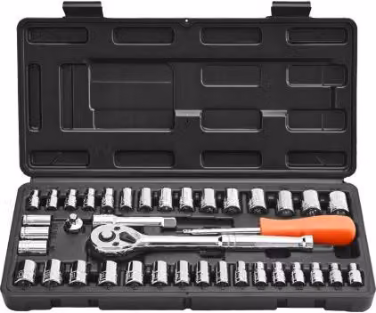 Set di bussole e cricchetti VEVOR da 39 pezzi in acciaio legato CR-V, misure SAE e metriche con custodia, colore argento