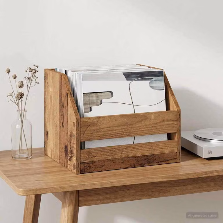 Scatola per album in vinile vidaXL in legno antico, colore marrone, L 38 cm x P 30 cm x H 29 cm