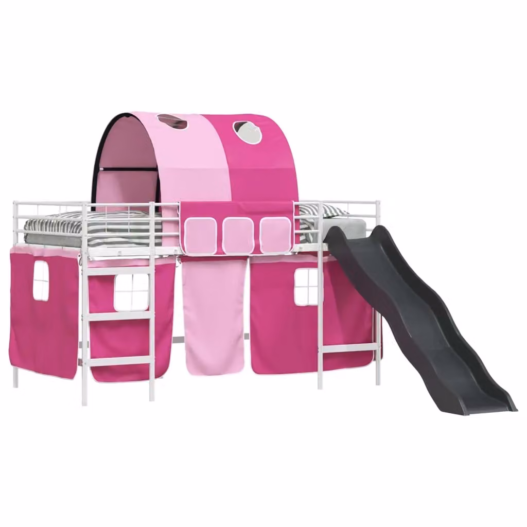 vidaXL Letto a castello per bambini con struttura a casetta e scala, Metallo, Bianco, Rosa e Nero, H: 205 cm, L: 112 cm, P: 116 cm – 2