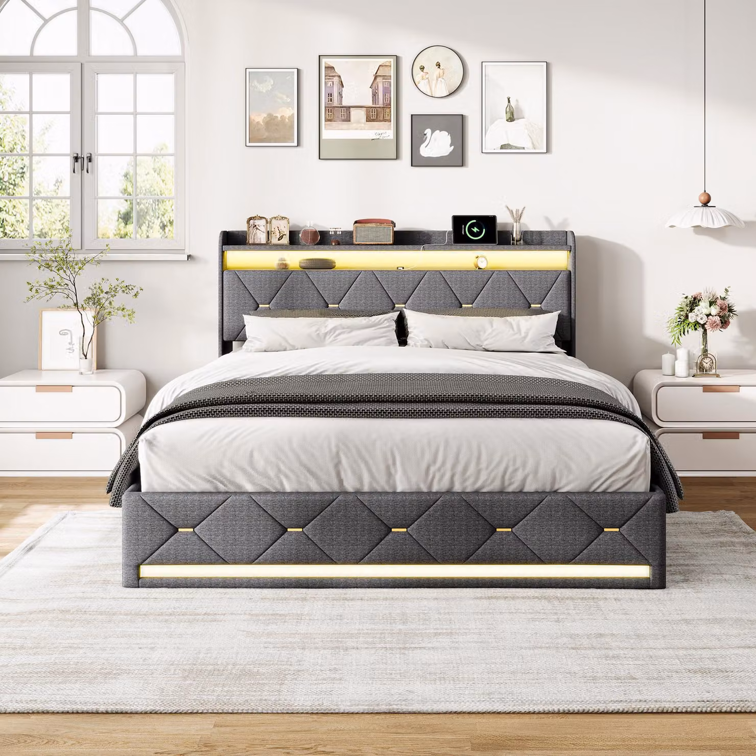 Letto imbottito UnboxG 140x200 cm in lino grigio, ricarica wireless, testiera e pediera con LED RGB, vano portaoggetti idraulico, letto