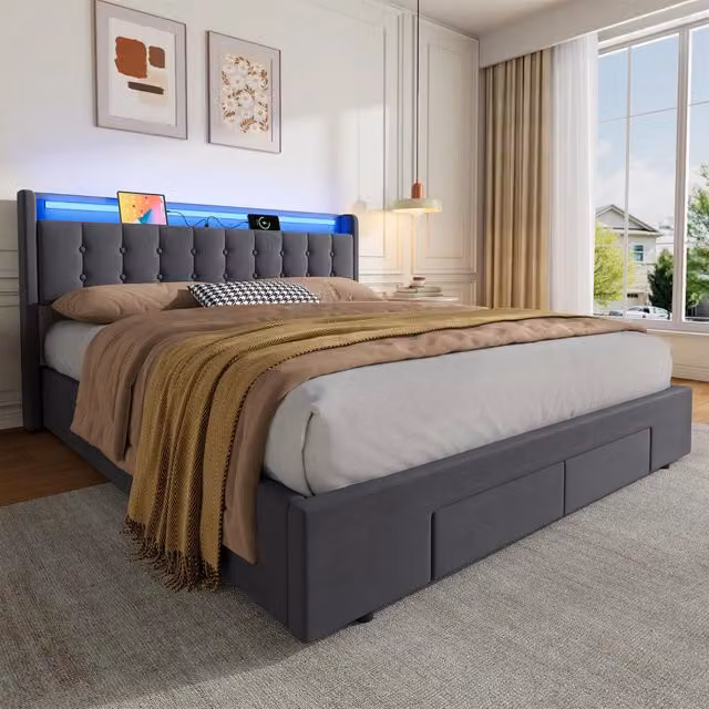 letto idraulico imbottito; 180x200 cm; letto matrimoniale con 2 cassetti; testiera LED; cassetti; spazio contenitivo; struttura del letto senza materasso; colore grigio