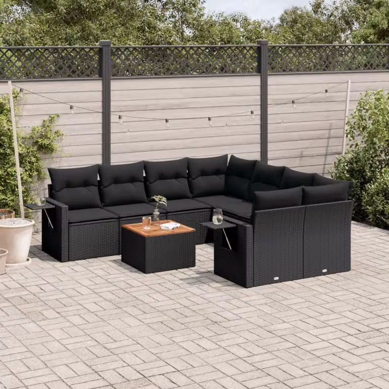 vidaXL Set Divani da Giardino 9 pz in Polyrattan Nero con Cuscini e Tavolino da Esterno