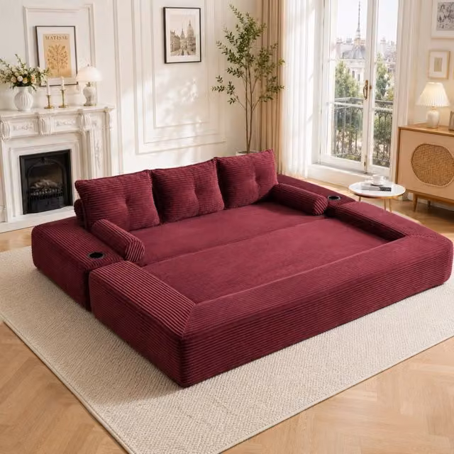 Divano letto modulare MIVRAY in velluto a coste rosso con funzione notte e portabevande